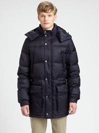Remain cozy and dry all season long in this quilted nylon puffer, with down-fill for added warmth and large, over-sized pockets to secure all of your personal essentials.Zip-frontRemovable hoodChest slash, waist flap pocketsElasticized waistAbout 33 from shoulder to hemNylonDry cleanImported Remain cozy and dry all season long in this quilted nylon puffer, with down-fill for added warmth and large, over-sized pockets to secure all of your personal essentials.Zip-frontRemovable hoodChest slash, waist flap pocketsElasticized waistAbout 33 from shoulder to hemNylonDry cleanImported