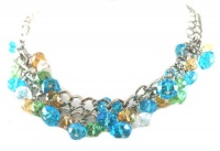 Gorgeous and Chunky Necklace Featuring Many Blue, Green, Yellow, and Clear Faceted Beads Silver Tone