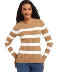 Instant classic: Charter Club's cable-knit sweater features horizontal stripes and buttons at the shoulder for an elevated take on casual style. Instant classic: Charter Club's cable-knit sweater features horizontal stripes and buttons at the shoulder for an elevated take on casual style.