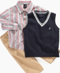 He'll look head-to-toe adorable in this Nautica sweater vest; shirt and khaki pants combo. He'll look head-to-toe adorable in this Nautica sweater vest; shirt and khaki pants combo.