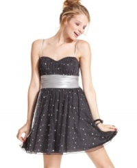 Shine bright like a diamond! Sprinkled with gleaming rhinestones, this spaghetti-strap dress from Speechless makes a dazzling entrance. Shine bright like a diamond! Sprinkled with gleaming rhinestones, this spaghetti-strap dress from Speechless makes a dazzling entrance.