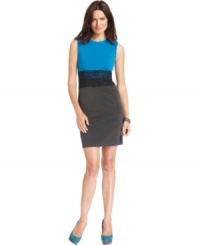 NY Collection gives this sheath extra fashionable flair with a contrasting bodice and skirt and a sheer lace waistband. NY Collection gives this sheath extra fashionable flair with a contrasting bodice and skirt and a sheer lace waistband.