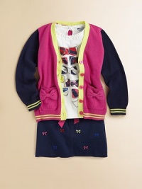 She'll go back to cool in this beautiful, colorful knit with bow-adorned patch pockets and front button closure.V-neckLong sleevesButton-frontPatch pocketsCottonMachine washImported Please note: number of buttons may vary depending on size ordered. She'll go back to cool in this beautiful, colorful knit with bow-adorned patch pockets and front button closure.V-neckLong sleevesButton-frontPatch pocketsCottonMachine washImported Please note: number of buttons may vary depending on size ordered.