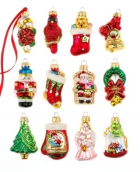 From Santa Claus to Christmas stockings, this box of 12 mini ornaments offers something for everyone in irresistibly glittery, richly colored glass. From Santa Claus to Christmas stockings, this box of 12 mini ornaments offers something for everyone in irresistibly glittery, richly colored glass.