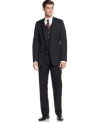 A slim fit and striking stripes on this DKNY suit provide you with confidence in every step you take. A slim fit and striking stripes on this DKNY suit provide you with confidence in every step you take.