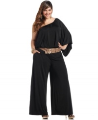 Have all eyes on you with Baby Phat's one-shoulder plus size jumpsuit, including a belted waist-- it's a must-have for your party wardrobe! Have all eyes on you with Baby Phat's one-shoulder plus size jumpsuit, including a belted waist-- it's a must-have for your party wardrobe!