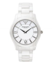 Sleek sophistication. Slim-profile watch by Emporio Armani crafted of white ceramic bracelet and round case. White dial features black Roman numerals, minute track, two silver tone hands and logo. Quartz movement. Water resistant to 30 meters. Two-year limited warranty. Sleek sophistication. Slim-profile watch by Emporio Armani crafted of white ceramic bracelet and round case. White dial features black Roman numerals, minute track, two silver tone hands and logo. Quartz movement. Water resistant to 30 meters. Two-year limited warranty.