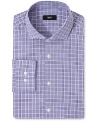 A mini-plaid pattern provides standout style with a Hugo Boss dress shirt that fits right into your work-week grid. A mini-plaid pattern provides standout style with a Hugo Boss dress shirt that fits right into your work-week grid.