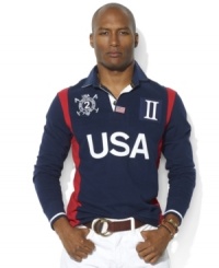 Bask in the glory of the USA's 2012 Olympic Games success with a soft cotton rugby shirt featuring multiple patriotic USA-themed logos and patches. Bask in the glory of the USA's 2012 Olympic Games success with a soft cotton rugby shirt featuring multiple patriotic USA-themed logos and patches.