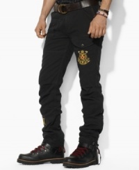 A classic cargo in cotton chino exudes sporty regality with a Snow Polo Challenge crest and applied IV at the legs. A classic cargo in cotton chino exudes sporty regality with a Snow Polo Challenge crest and applied IV at the legs.