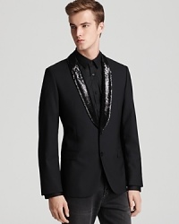 A shimmering sequined lapel offers standout appeal on this striking blazer from HUGO, an adventurous look that maintains your fashion cred, perfect for taking in the opera or when you host another riotous cocktail party. A shimmering sequined lapel offers standout appeal on this striking blazer from HUGO, an adventurous look that maintains your fashion cred, perfect for taking in the opera or when you host another riotous cocktail party.