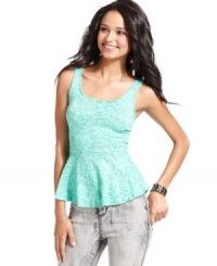 Show-off your feminine style in this top from Pout! Lace fabric and a flirty, peplum hem make this piece the prettiest thing ever. Show-off your feminine style in this top from Pout! Lace fabric and a flirty, peplum hem make this piece the prettiest thing ever.