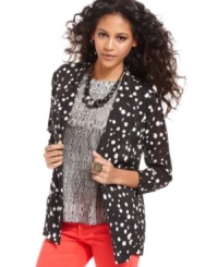 A hot layering piece for fall, this sheer Bar III dotted blazer is perfect for adding a pop of print to your look! A hot layering piece for fall, this sheer Bar III dotted blazer is perfect for adding a pop of print to your look!