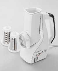 Why spend all that time slicing fruits, vegetables, cheese, nuts and more? Shoot one ingredient after another right into a bowl, switching out slicing and shredding cones as you go to provide perfectly prepped food. One-year limited warranty. Model 02910. Why spend all that time slicing fruits, vegetables, cheese, nuts and more? Shoot one ingredient after another right into a bowl, switching out slicing and shredding cones as you go to provide perfectly prepped food. One-year limited warranty. Model 02910.