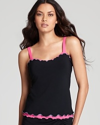 Ruffled pops of color define Gottex's popular, not-so-basic black tankini top, so perfect with a variety of coordinating bottoms or the swim skirt. Ruffled pops of color define Gottex's popular, not-so-basic black tankini top, so perfect with a variety of coordinating bottoms or the swim skirt.