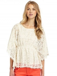 THE LOOKAllover floral lace construction with picot trimDolman sleevesElastic waistTHE FITAbout 22 from shoulder to longest pointTHE MATERIAL80% cotton/20% nylonFully linedCARE & ORIGINHand washImportedModel shown is 5'10 (177cm) wearing US size Small. THE LOOKAllover floral lace construction with picot trimDolman sleevesElastic waistTHE FITAbout 22 from shoulder to longest pointTHE MATERIAL80% cotton/20% nylonFully linedCARE & ORIGINHand washImportedModel shown is 5'10 (177cm) wearing US size Small.