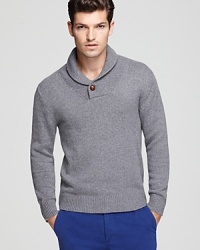 A neutral that's anything but, this gray sweater is embellished with style-forward details: shawl collar with contrast button, a slimmer fit and ribbed cuffs and hem. A neutral that's anything but, this gray sweater is embellished with style-forward details: shawl collar with contrast button, a slimmer fit and ribbed cuffs and hem.