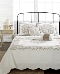 It's time to renew and refresh with this fabulous Nicola quilt from Nostalgia Home. Features a serene white quilted landscape, intricate chain embroidery and scalloped edges for a crisp statement. It's time to renew and refresh with this fabulous Nicola quilt from Nostalgia Home. Features a serene white quilted landscape, intricate chain embroidery and scalloped edges for a crisp statement.