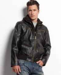 Get classic cool-weather style in this hot faux-leather bomber jacket with removable hood from Guess. Get classic cool-weather style in this hot faux-leather bomber jacket with removable hood from Guess.