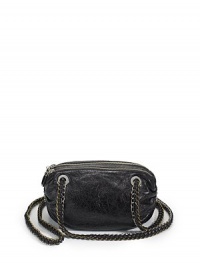 THE LOOKOval shape of distressed leatherDual two tone chain-link and leather crossbody strapsDual top zip closureOne inside zip pocketOne inside open pocketTHE FITDual crossbody straps, 18 drop10W X 6H X 2½DTHE MATERIALLeatherFully linedORIGINImported THE LOOKOval shape of distressed leatherDual two tone chain-link and leather crossbody strapsDual top zip closureOne inside zip pocketOne inside open pocketTHE FITDual crossbody straps, 18 drop10W X 6H X 2½DTHE MATERIALLeatherFully linedORIGINImported