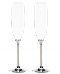Like a posh necklace, the elegant Jubilee Pearl toasting flutes from Lenox are the must-have accessory for an evening of luxury. A slender silhouette, white pearls and shiny silver plate combine for celebration-worthy style. Like a posh necklace, the elegant Jubilee Pearl toasting flutes from Lenox are the must-have accessory for an evening of luxury. A slender silhouette, white pearls and shiny silver plate combine for celebration-worthy style.