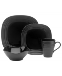 With the look of hand-thrown pottery in hard-wearing stoneware, the Swirl square place setting from Mikasa enhances casual meals with fuss-free elegance. A matte finish with glazed accents adds stylish distinction to sleek black. With the look of hand-thrown pottery in hard-wearing stoneware, the Swirl square place setting from Mikasa enhances casual meals with fuss-free elegance. A matte finish with glazed accents adds stylish distinction to sleek black.
