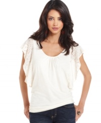 Lace flutter sleeves add feminine flirt to this Lucky Brand Jeans top, perfectly paired with your fave pair of jeans! Lace flutter sleeves add feminine flirt to this Lucky Brand Jeans top, perfectly paired with your fave pair of jeans!
