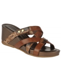 Where the exotic and the elegant meet. The Pukana wedge sandal from Naturalizer shows off with a strappy vamp of rich leather and faux-snake. Where the exotic and the elegant meet. The Pukana wedge sandal from Naturalizer shows off with a strappy vamp of rich leather and faux-snake.