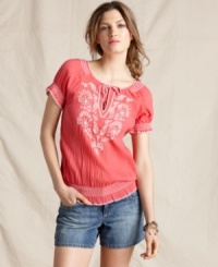 Trade in the basic tee for this embroidered peasant top from Tommy Hilfiger. Trade in the basic tee for this embroidered peasant top from Tommy Hilfiger.