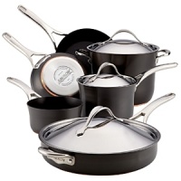 This Nouvelle cookware collection from Anolon features hard-anodized construction in a versatile, elegant shape for perfectly even heating and exceptional cooking performance. Each piece is designed with a double full cap base with a copper core for optimum heat control, and two layers of ultradurable aluminum. A magnetized stainless-steel base makes the cookware suitable for all stovetops, including induction. Restaurant-tested Autograph® 2 nonstick interiors ensure easy, clean release, and cast stainless-steel handles secured with sturdy dual rivets make each piece easy to maneuver and transport. This Nouvelle cookware collection from Anolon features hard-anodized construction in a versatile, elegant shape for perfectly even heating and exceptional cooking performance. Each piece is designed with a double full cap base with a copper core for optimum heat control, and two layers of ultradurable aluminum. A magnetized stainless-steel base makes the cookware suitable for all stovetops, including induction. Restaurant-tested Autograph® 2 nonstick interiors ensure easy, clean release, and cast stainless-steel handles secured with sturdy dual rivets make each piece easy to maneuver and transport.