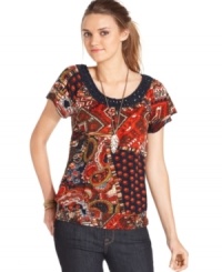 This cotton tee from Lucky Brand Jeans features bold mixed prints and a crochet-inspired trim at the neckline for a dash of artisan style. This cotton tee from Lucky Brand Jeans features bold mixed prints and a crochet-inspired trim at the neckline for a dash of artisan style.