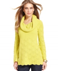 Perk up the fall with this bright cowl-neck sweater from Style&co. Crotchet knitting and a scalloped hem are sweet details to a must-have top! Perk up the fall with this bright cowl-neck sweater from Style&co. Crotchet knitting and a scalloped hem are sweet details to a must-have top!