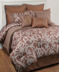 A contemporary twist on a classic pattern, this Modern Scroll comforter set evokes an enticing appeal in your space with a flowing scroll design in a warm, spicy palette. The quilted coverlet offers a layering option and three decorative pillows and an abundance of shams give the bed extra dimension. A contemporary twist on a classic pattern, this Modern Scroll comforter set evokes an enticing appeal in your space with a flowing scroll design in a warm, spicy palette. The quilted coverlet offers a layering option and three decorative pillows and an abundance of shams give the bed extra dimension.