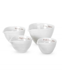 Add charm to your cooking routine with Sophie Conran measuring cups. A ribbed texture gives this Portmeirion set the look of hand-thrown pottery in porcelain designed for dishwasher use. With spout for easy pouring. Add charm to your cooking routine with Sophie Conran measuring cups. A ribbed texture gives this Portmeirion set the look of hand-thrown pottery in porcelain designed for dishwasher use. With spout for easy pouring.