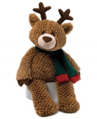 Ready for a ride on Santa's sleigh, this lovable, huggable teddy bear from Gund wears Rudolph's antlers and a holiday scarf. Ready for a ride on Santa's sleigh, this lovable, huggable teddy bear from Gund wears Rudolph's antlers and a holiday scarf.