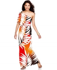Bright hues and botanical inspiration make London Times' one-shoulder maxi dress just right for the spring, and even better for summer! Bright hues and botanical inspiration make London Times' one-shoulder maxi dress just right for the spring, and even better for summer!