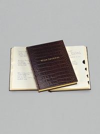 A writing journal for the wine lover, this rich crocodile-embossed Italian calfskin design has 224 lined pages with thumb tabs for France, Italy, USA, Germany, Australia and more. Gilt-edged, acid-free paper Double-faced, satin ribbon marker Smyth-sewn for strength and openability 7 X 9¼ Made in USA