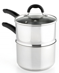Take the professional approach. Simplify your space with stainless steel, the chef's best for an attractive, durable and easy-to-clean kitchen addition. This double boiler features an impact-bonded base for quick and even heating, comfort handles that are oven-safe to 350ºF and a vented glass lid for easy monitoring. Limited lifetime warranty. Take the professional approach. Simplify your space with stainless steel, the chef's best for an attractive, durable and easy-to-clean kitchen addition. This double boiler features an impact-bonded base for quick and even heating, comfort handles that are oven-safe to 350ºF and a vented glass lid for easy monitoring. Limited lifetime warranty.