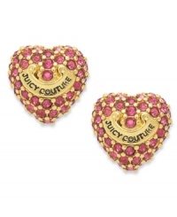 Follow your heart. These ladylike heart stud earrings feature pink pave crystals and a logo banner. Crafted from gold tone mixed metal. Approximate diameter: 3/8 inch. Follow your heart. These ladylike heart stud earrings feature pink pave crystals and a logo banner. Crafted from gold tone mixed metal. Approximate diameter: 3/8 inch.