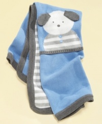 Keep your baby boy all snuggled-up in this soft blanket with adorable puppy applique. Keep your baby boy all snuggled-up in this soft blanket with adorable puppy applique.
