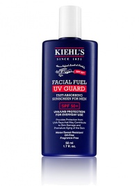 Energizing, lightweight daily sun shield specifically formulated for men. High level SPF broad-spectrum UVA/UVB protection guards men from daily damage and premature aging. Provides maximum protection from UVA rays which cause 90% of skin's aging. Caffeine and Vitamins C & E energize and invigorate tired and dull skin. Ultra-lightweight and non-sticky. Fragrance-Free. Oil-free. 1.7 oz. Energizing, lightweight daily sun shield specifically formulated for men. High level SPF broad-spectrum UVA/UVB protection guards men from daily damage and premature aging. Provides maximum protection from UVA rays which cause 90% of skin's aging. Caffeine and Vitamins C & E energize and invigorate tired and dull skin. Ultra-lightweight and non-sticky. Fragrance-Free. Oil-free. 1.7 oz.