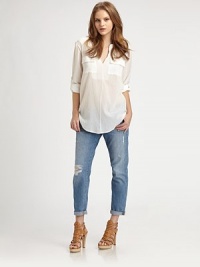 Relaxed denim jeans with slightly cropped pant legs and subtle distressing for that worn-in look you crave. THE FITSlightly relaxedRise, about 8Inseam, about 27THE DETAILSButton frontZip flyFive-pocket style92% cotton/7% polyester/1% spandexMachine washMade in USA of imported fabricModel shown is 5'9 (175cm) wearing US size 4. Relaxed denim jeans with slightly cropped pant legs and subtle distressing for that worn-in look you crave. THE FITSlightly relaxedRise, about 8Inseam, about 27THE DETAILSButton frontZip flyFive-pocket style92% cotton/7% polyester/1% spandexMachine washMade in USA of imported fabricModel shown is 5'9 (175cm) wearing US size 4.