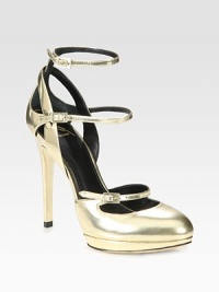 Glistening metallic leather design with skinny, adjustable straps. Self-covered heel, 4½ (115mm)Covered platform, ½ (15mm)Compares to a 4 heel (100mm)Metallic leather upperLeather lining and solePadded insoleImportedOUR FIT MODEL RECOMMENDS ordering true size. Glistening metallic leather design with skinny, adjustable straps. Self-covered heel, 4½ (115mm)Covered platform, ½ (15mm)Compares to a 4 heel (100mm)Metallic leather upperLeather lining and solePadded insoleImportedOUR FIT MODEL RECOMMENDS ordering true size.