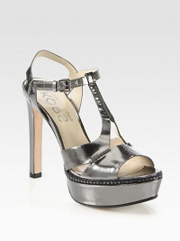 The perfect go-to strappy sandal in lustrous metallic leather. Self-covered heel, 4¾ (120mm)Covered platform, 1¼ (30mm)Compares to a 3½ heel (90mm)Metallic leather upperAdjustable ankle strapLeather lining and solePadded insoleImported The perfect go-to strappy sandal in lustrous metallic leather. Self-covered heel, 4¾ (120mm)Covered platform, 1¼ (30mm)Compares to a 3½ heel (90mm)Metallic leather upperAdjustable ankle strapLeather lining and solePadded insoleImported