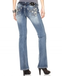 Rhinestones and Fleur de Lys embroidery add glam to these Miss Me bootcut jeans -- perfect for a hot spring look! Rhinestones and Fleur de Lys embroidery add glam to these Miss Me bootcut jeans -- perfect for a hot spring look!