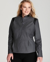 Military looks commanded fall runways and this Jones New York Collection Plus jacket ascends fashion ranks with a chic utilitarian silhouette studded with sleek leather trim. Military looks commanded fall runways and this Jones New York Collection Plus jacket ascends fashion ranks with a chic utilitarian silhouette studded with sleek leather trim.