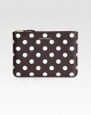 A secure zip pouch in a fun and whimsical polka dot printed leather.Top zip closureFully lined8¾W X 6¼H X ½DImported