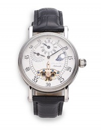 THE LOOKSingle hand marks minutes on large dial; sub-dials mark hours, day/night and 24-hourRound stainless steel case, 38mm (1.5)Textured bezelWhite multi-function dial with transparent detailNumeral minute markersTransparent case backBlack croc-print leather strapWater resistant to 3 ATMTHE MATERIALStainless steelCroc-print leatherORIGINImported THE LOOKSingle hand marks minutes on large dial; sub-dials mark hours, day/night and 24-hourRound stainless steel case, 38mm (1.5)Textured bezelWhite multi-function dial with transparent detailNumeral minute markersTransparent case backBlack croc-print leather strapWater resistant to 3 ATMTHE MATERIALStainless steelCroc-print leatherORIGINImported