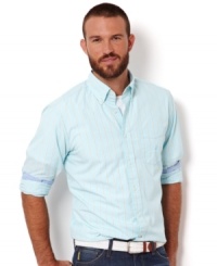 Button up your wardrobe with the perfect finishing touch-a thinly striped long sleeve shirt from Nautica. Button up your wardrobe with the perfect finishing touch-a thinly striped long sleeve shirt from Nautica.