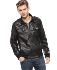 Let's ride! You'll be ready to head out onto the open road in this hip faux-leather moto jacket from Buffalo Jeans.